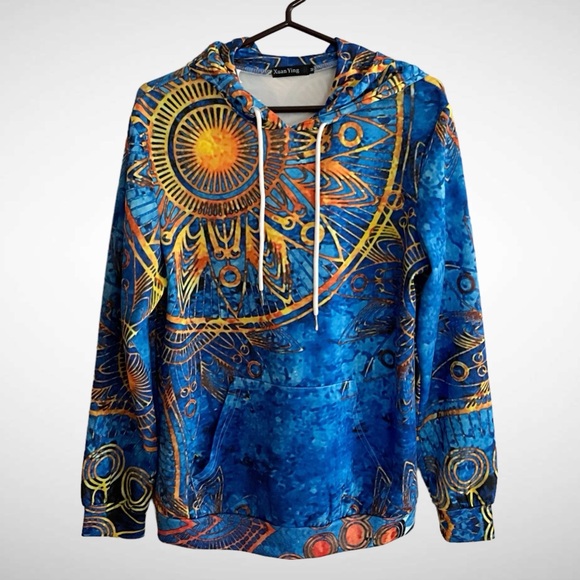 Xuan Ying Graphic Pullover Drawstring Hoodie Tribal Design Long Sleeves - Picture 1 of 9